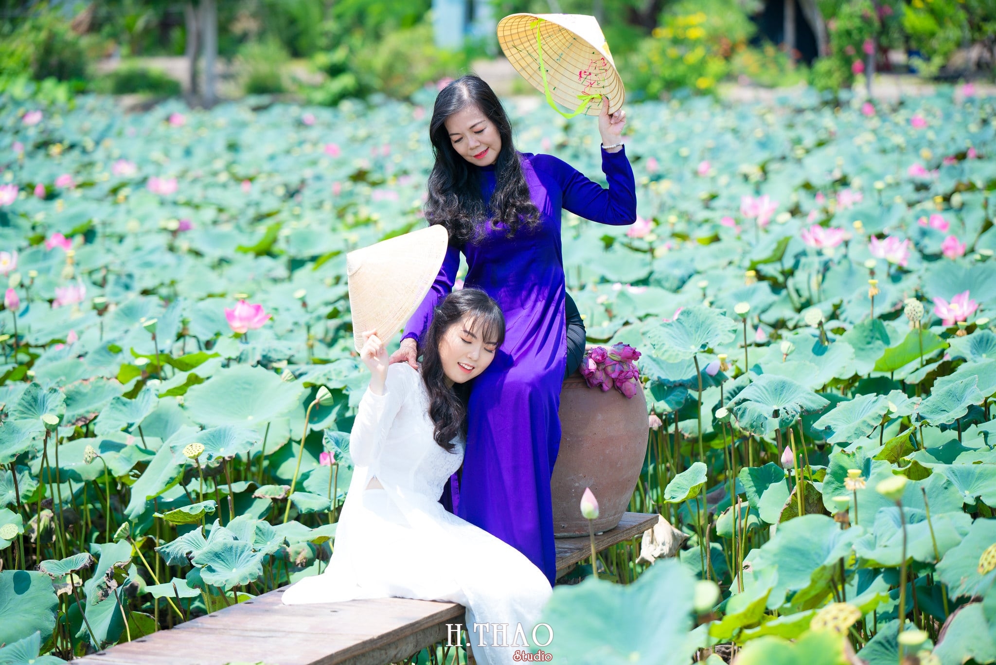 nh áo dài hoa sen 21 - Góc ảnh áo dài tuổi 50 cô Phương chụp với hoa sen- HThao Studio